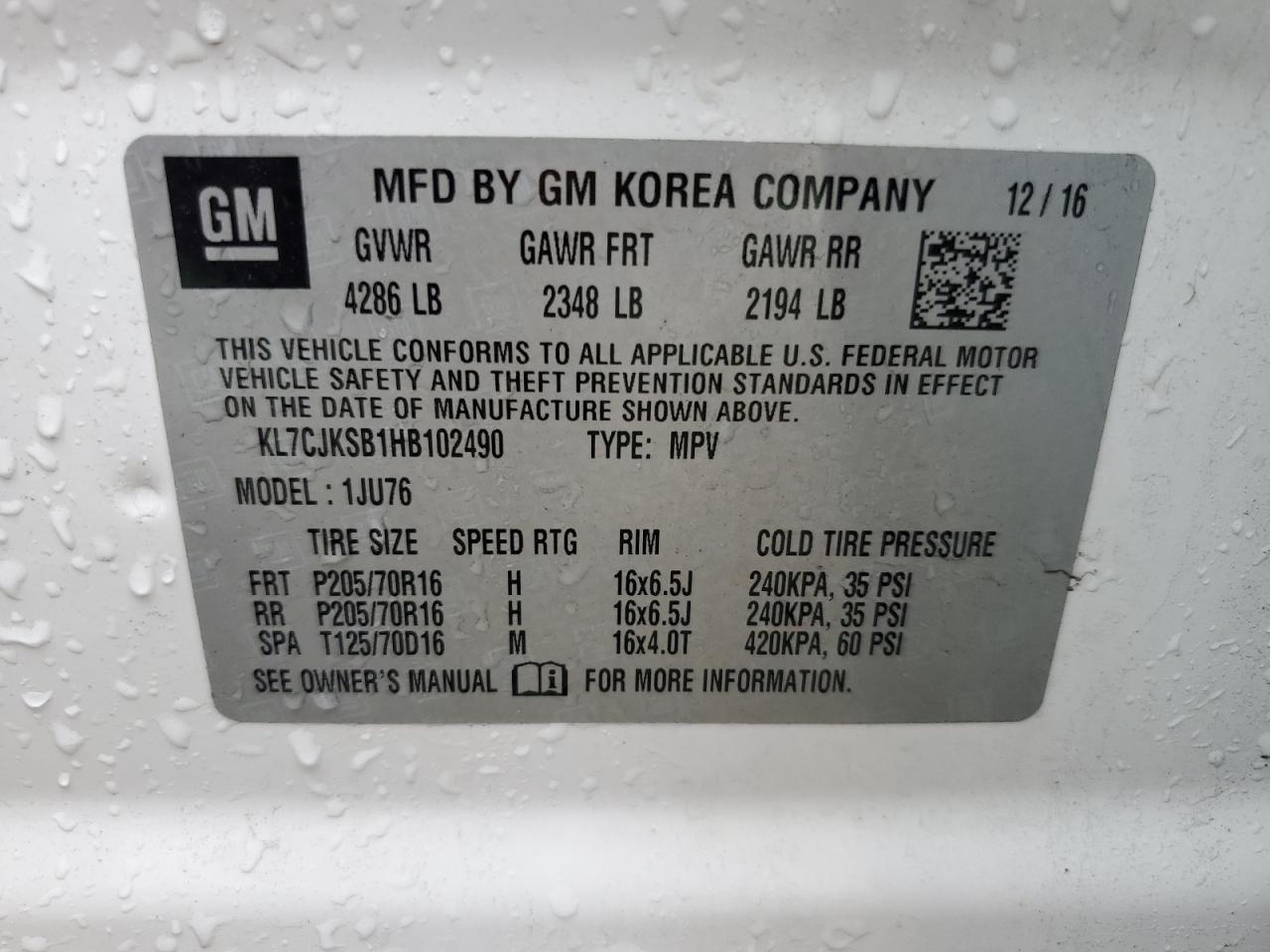 2017 Chevrolet Trax Ls VIN: KL7CJKSB1HB102490 Lot: 61939774