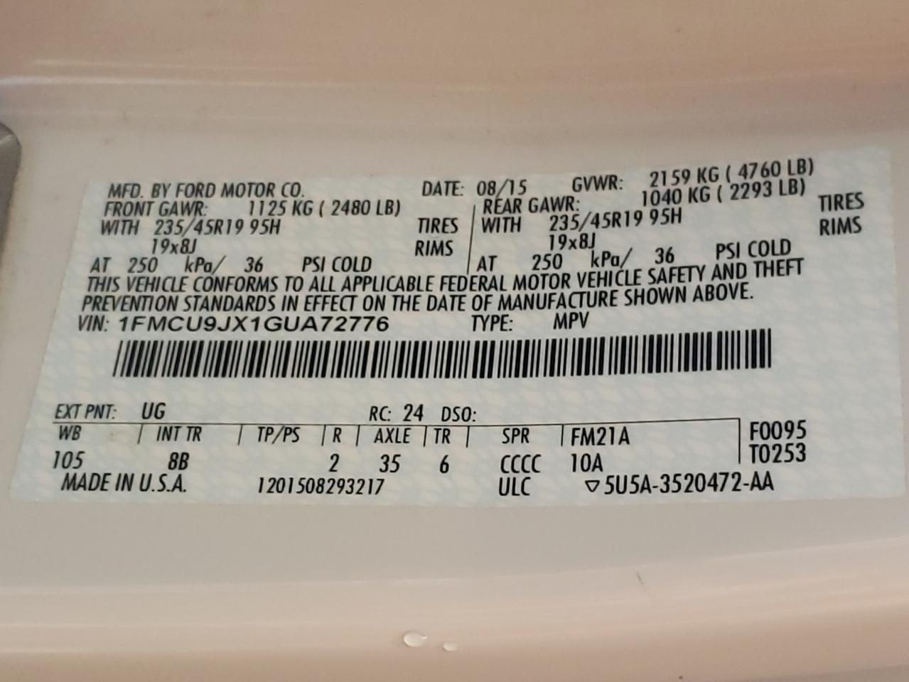 2016 Ford Escape Titanium VIN: 1FMCU9JX1GUA72776 Lot: 63213244