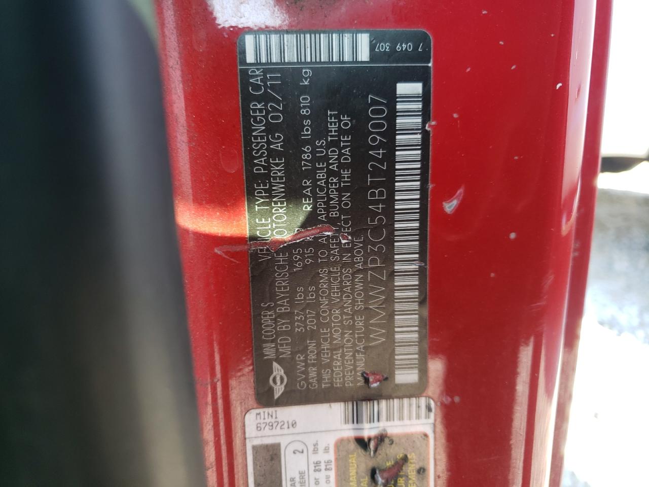 2011 Mini Cooper S VIN: WMWZP3C54BT249007 Lot: 62930554