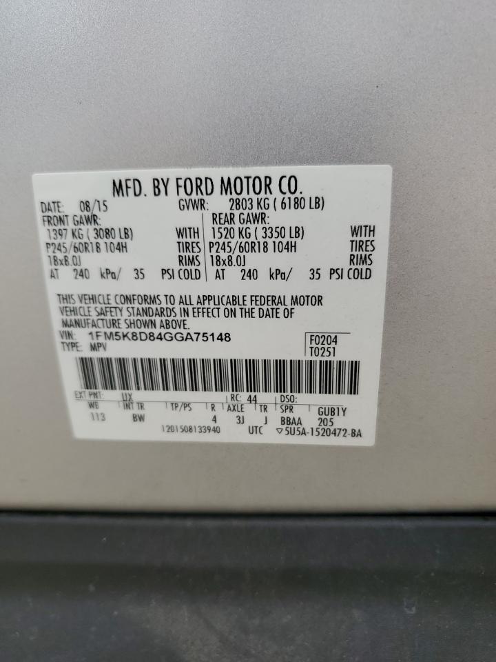 2016 Ford Explorer Xlt VIN: 1FM5K8D84GGA75148 Lot: 62018144