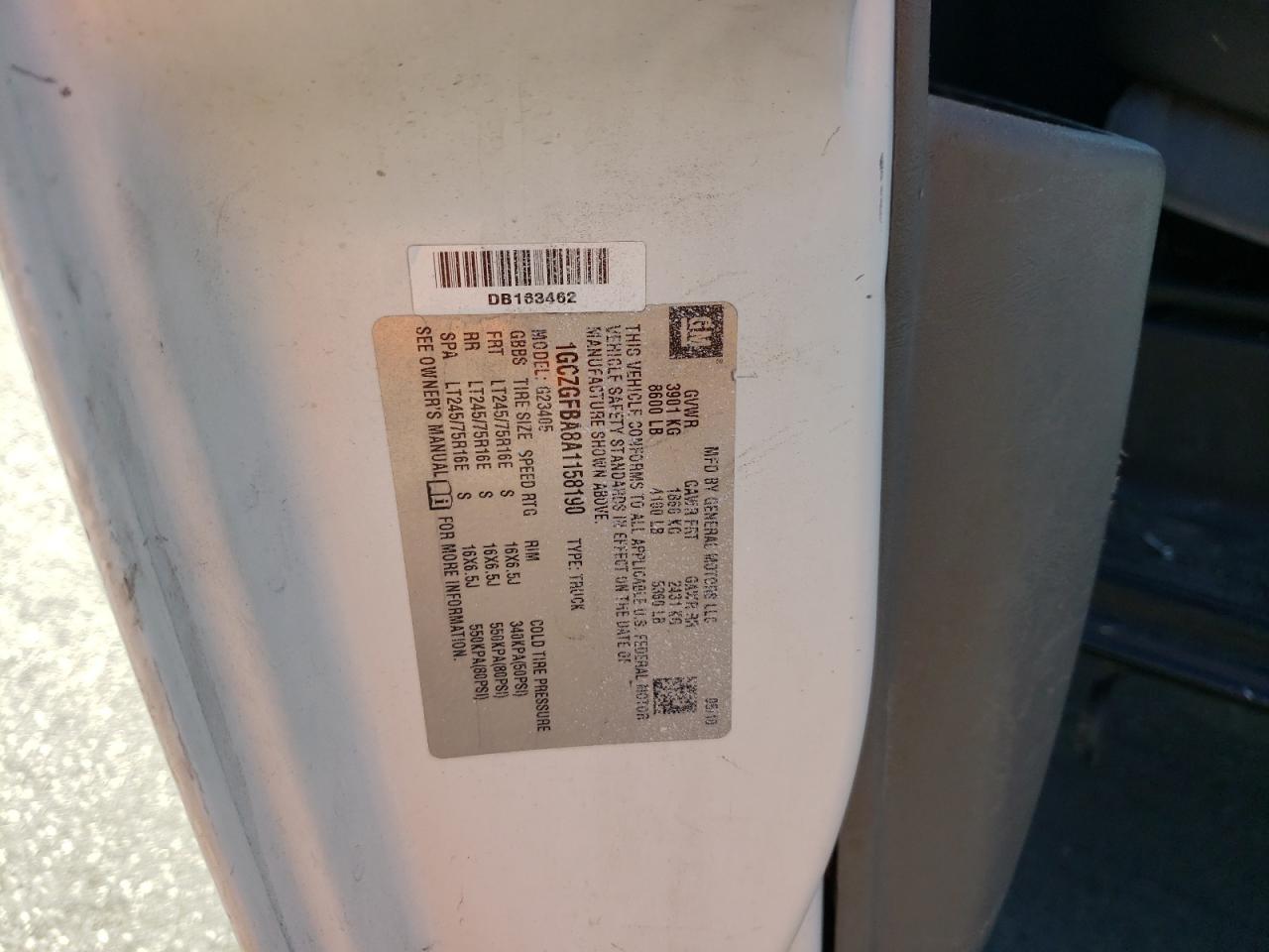 2010 Chevrolet Express G2500 VIN: 1GCZGFBA8A1158190 Lot: 64054914