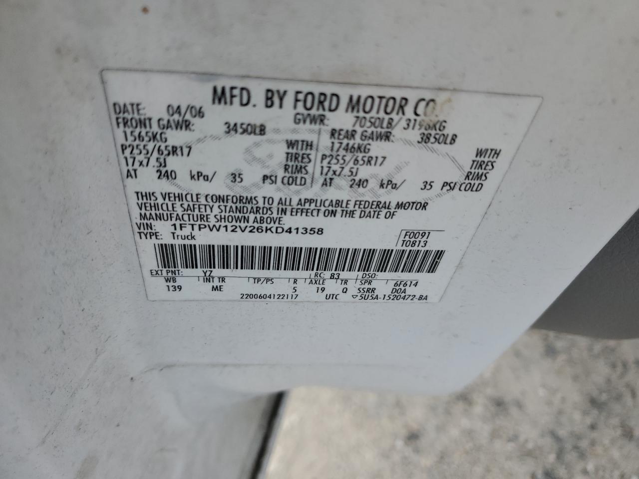 2006 Ford F150 Supercrew VIN: 1FTPW12V26KD41358 Lot: 62981544