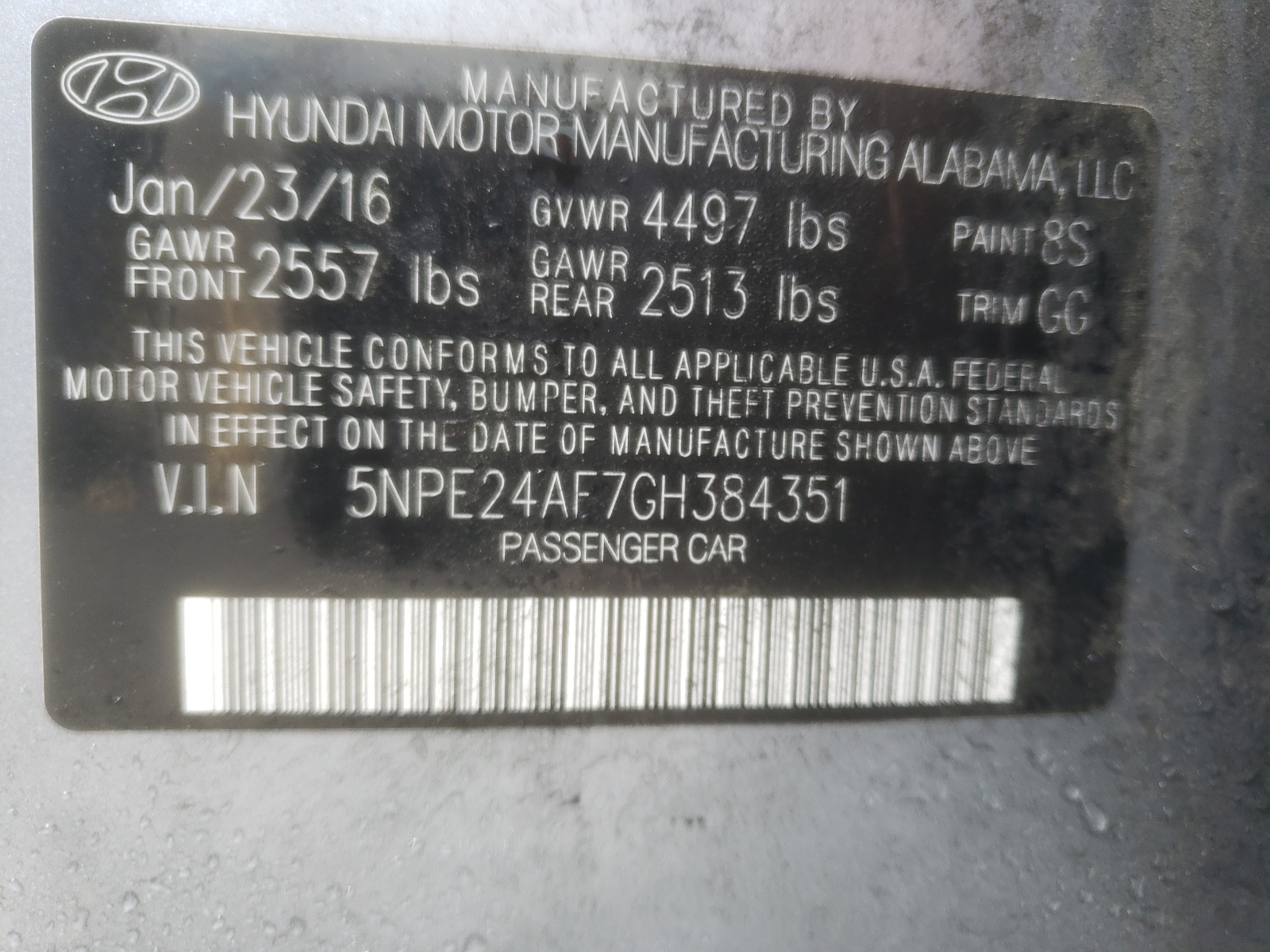 5NPE24AF7GH384351 2016 Hyundai Sonata Se