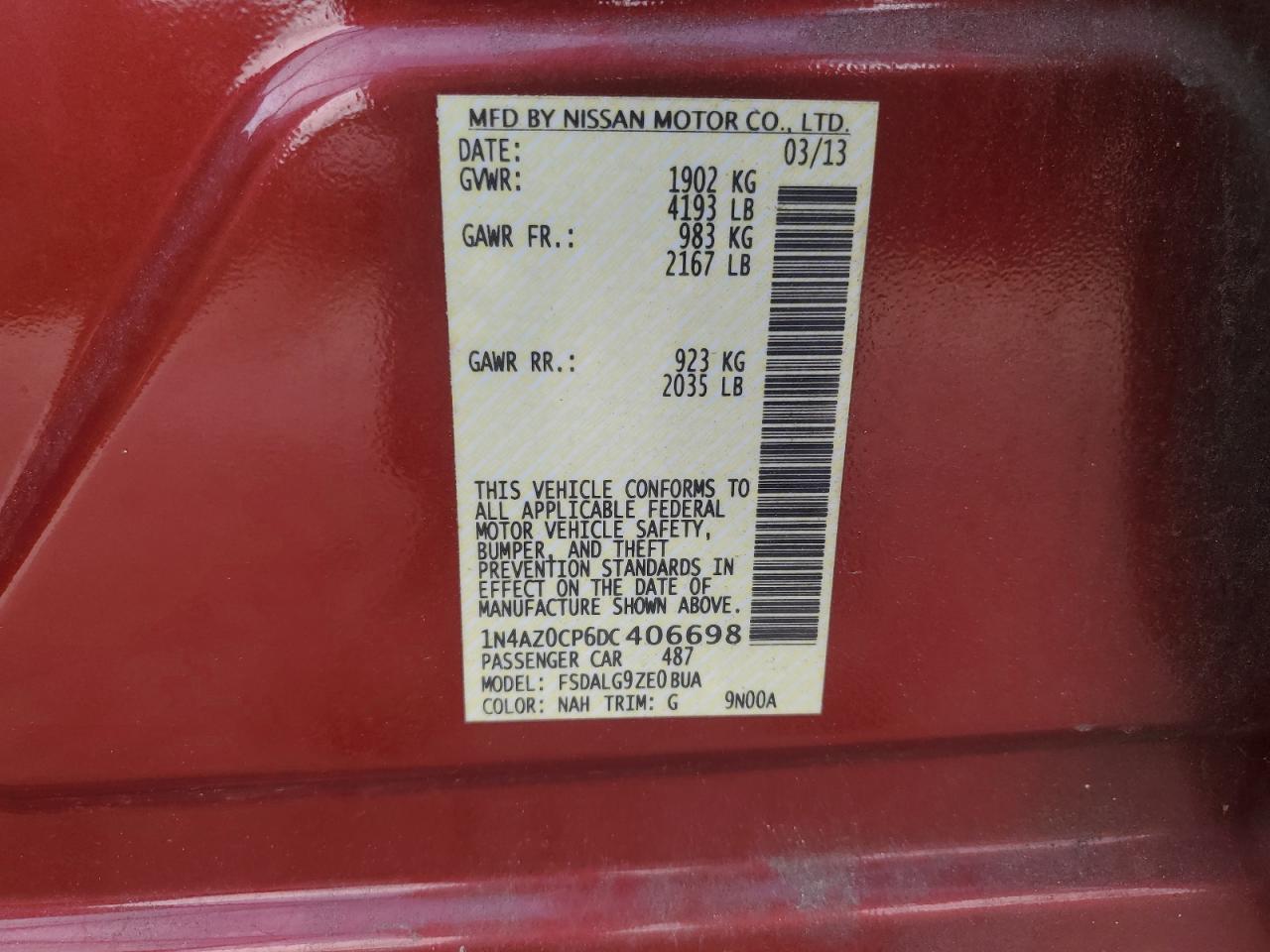 2013 Nissan Leaf S VIN: 1N4AZ0CP6DC406698 Lot: 64656794