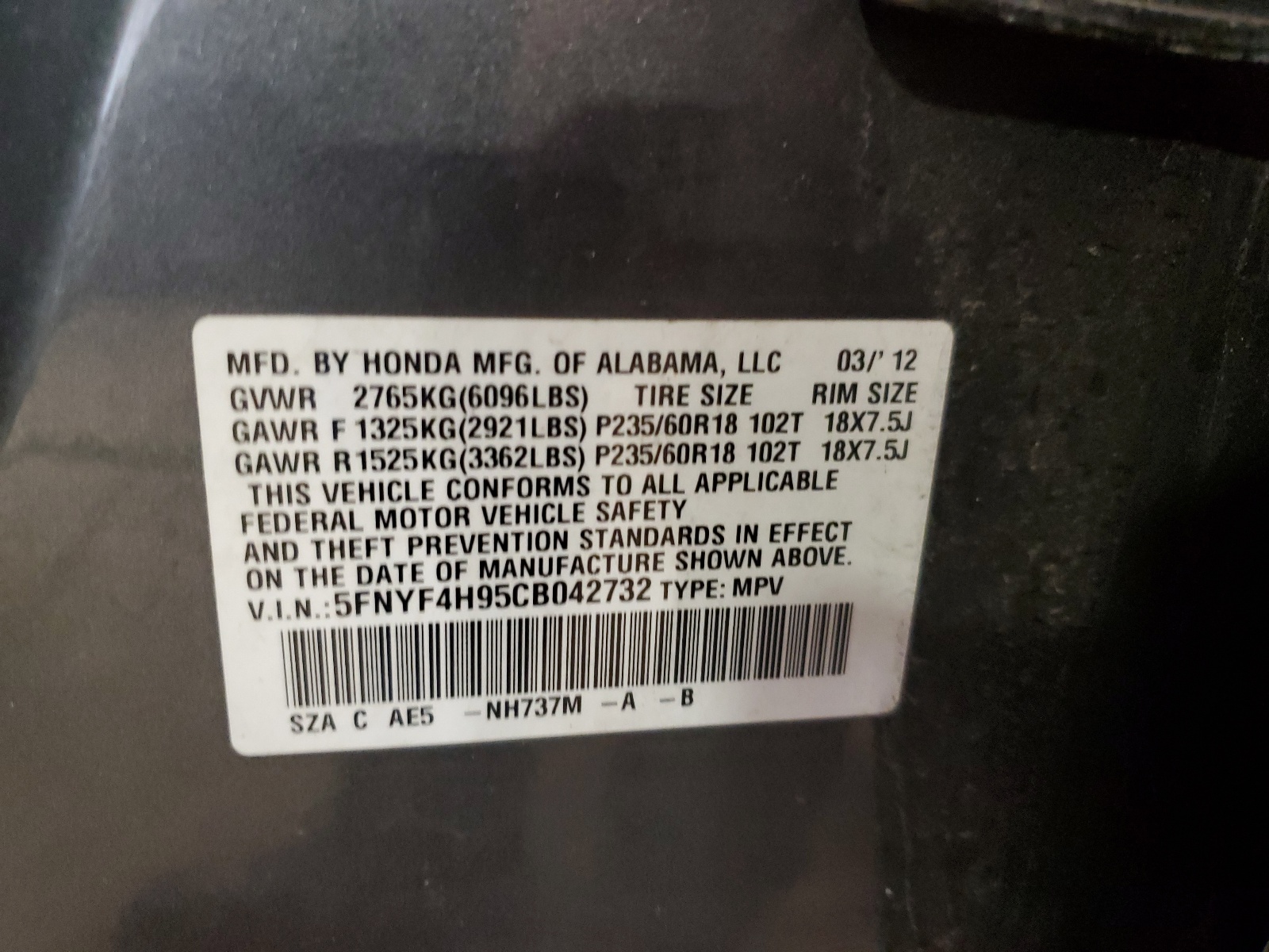 5FNYF4H95CB042732 2012 Honda Pilot Touring