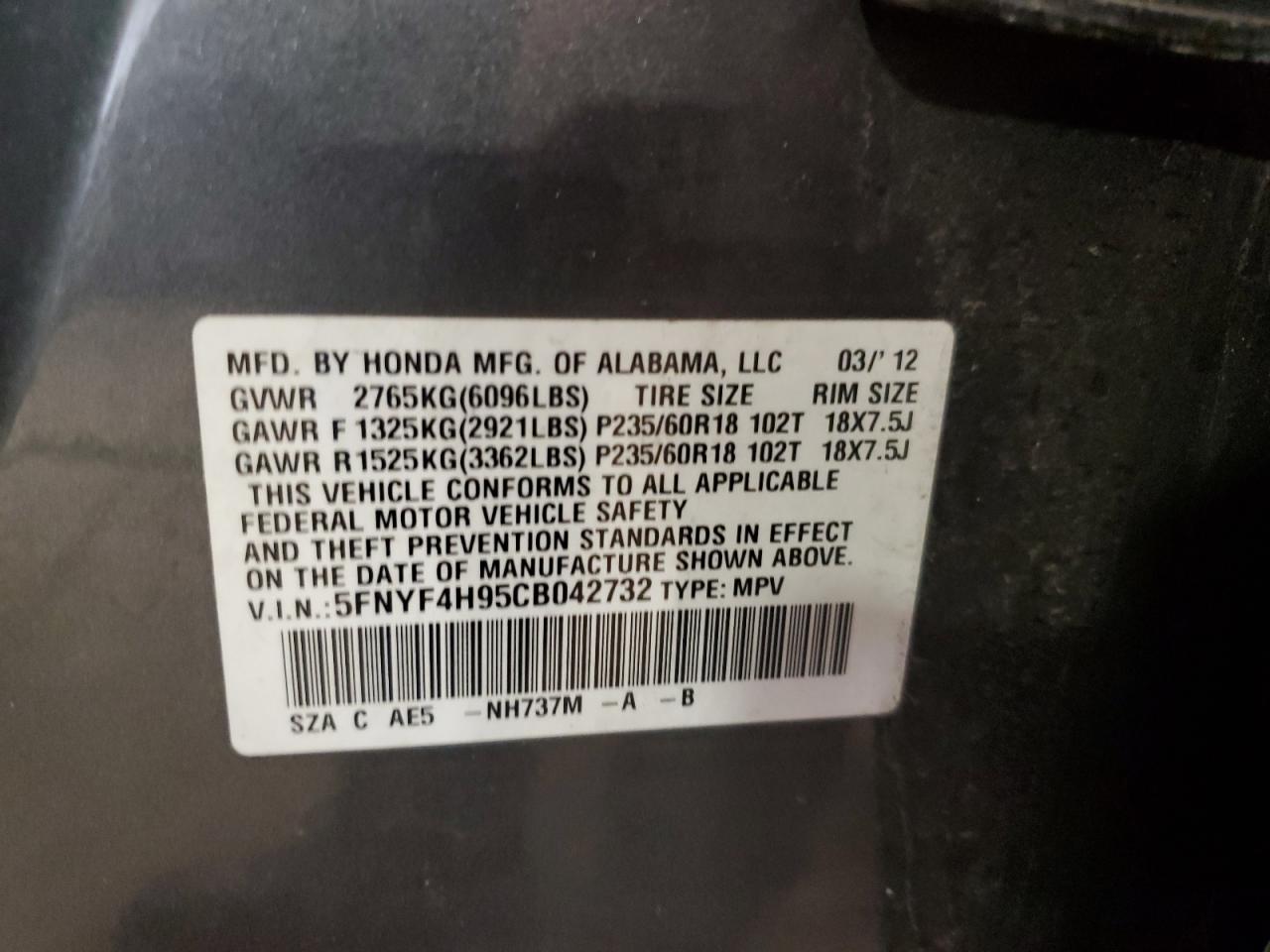 2012 Honda Pilot Touring VIN: 5FNYF4H95CB042732 Lot: 63727274