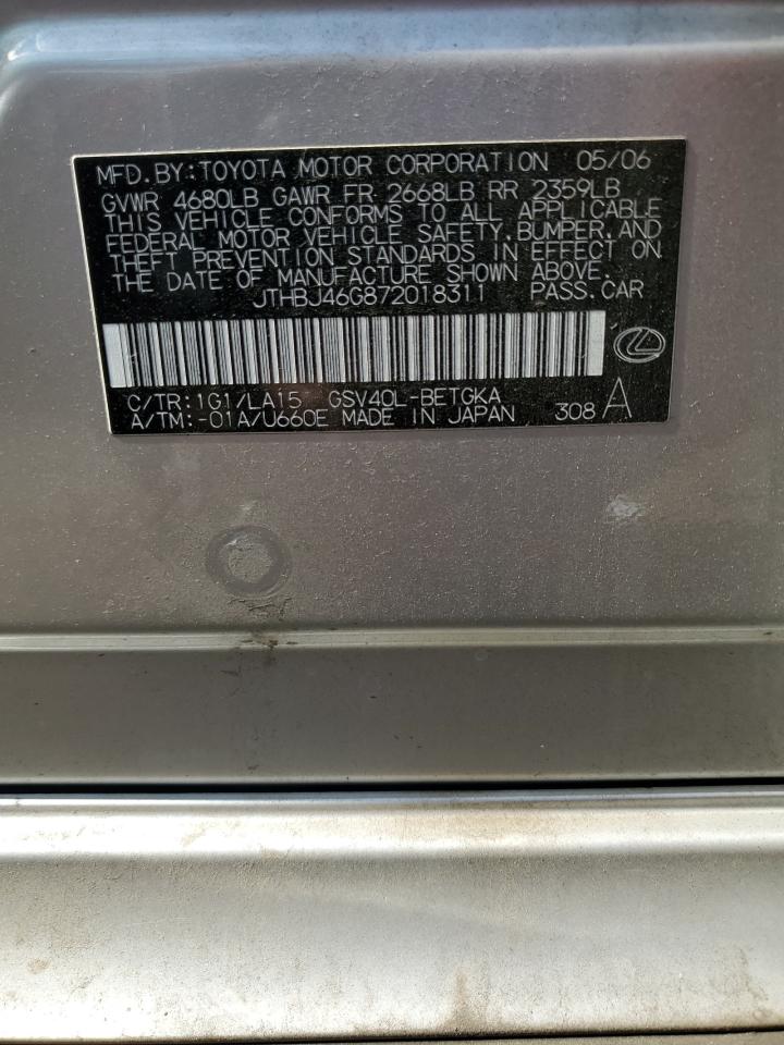 2007 Lexus Es 350 VIN: JTHBJ46G872018311 Lot: 61409284