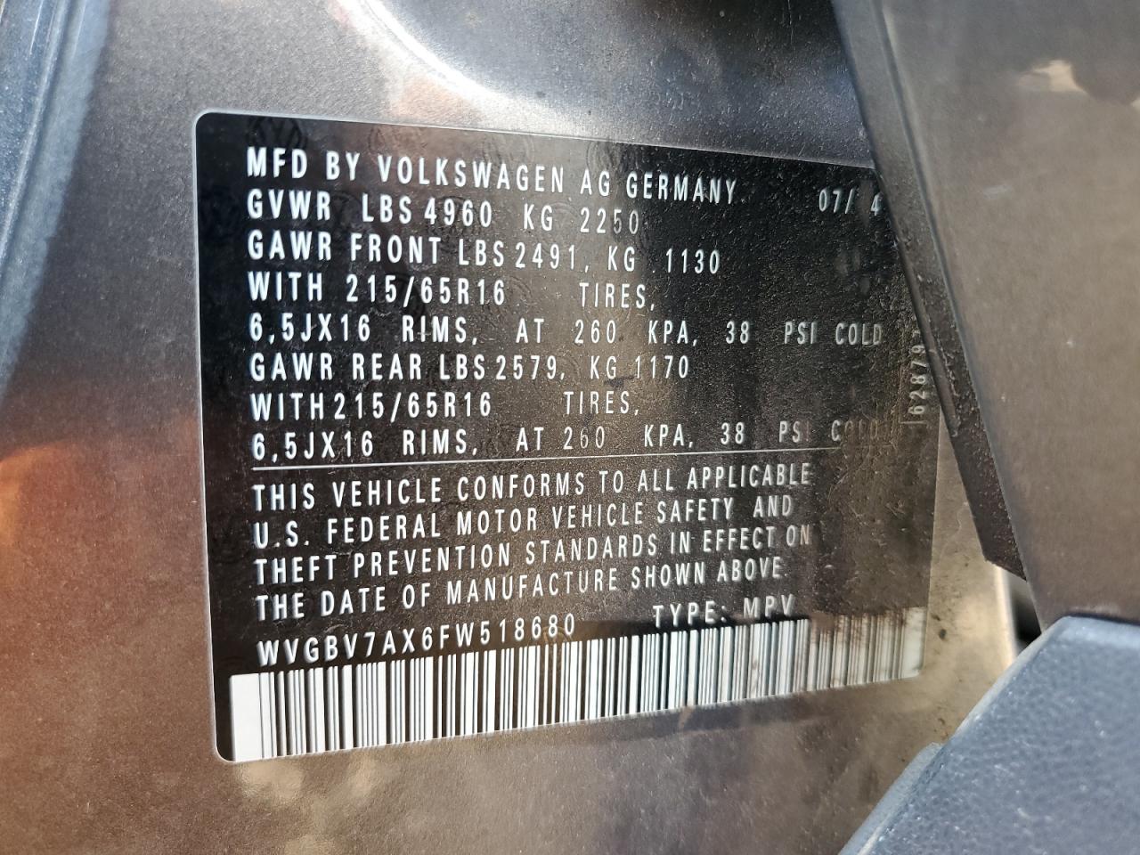 2015 Volkswagen Tiguan S VIN: WVGBV7AX6FW518680 Lot: 64470784