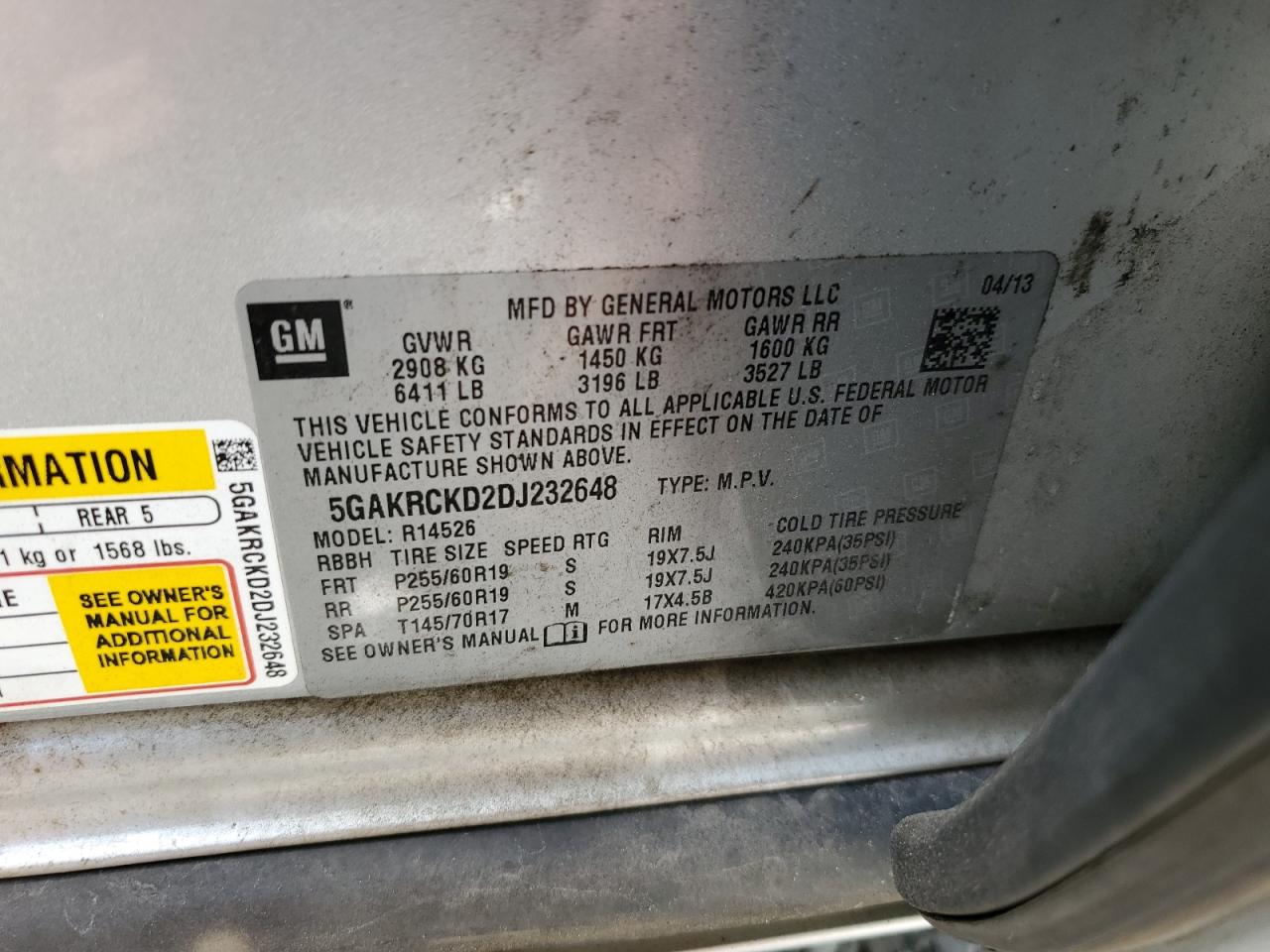 2013 Buick Enclave VIN: 5GAKRCKD2DJ232648 Lot: 63519644