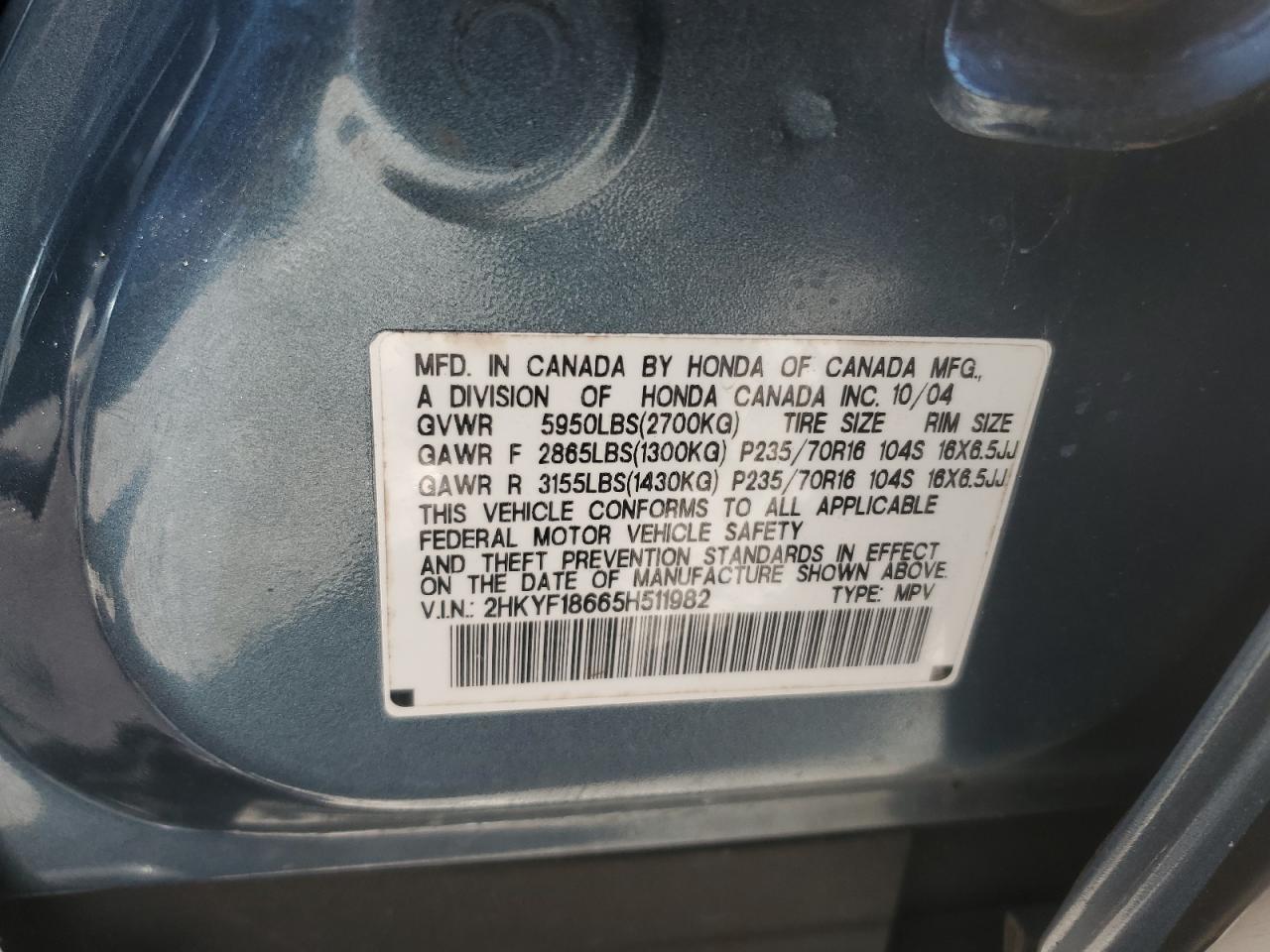 2005 Honda Pilot Exl VIN: 2HKYF18665H511982 Lot: 62097734