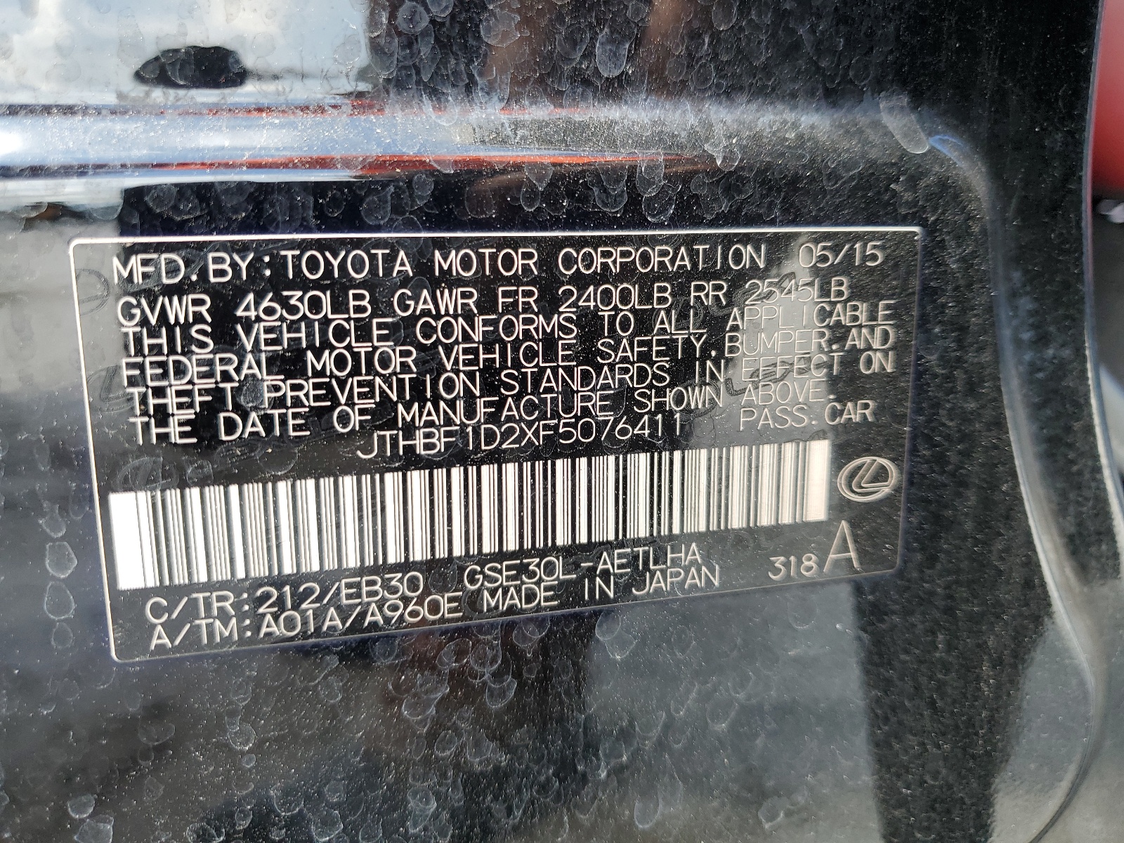 JTHBF1D2XF5076411 2015 Lexus Is 250