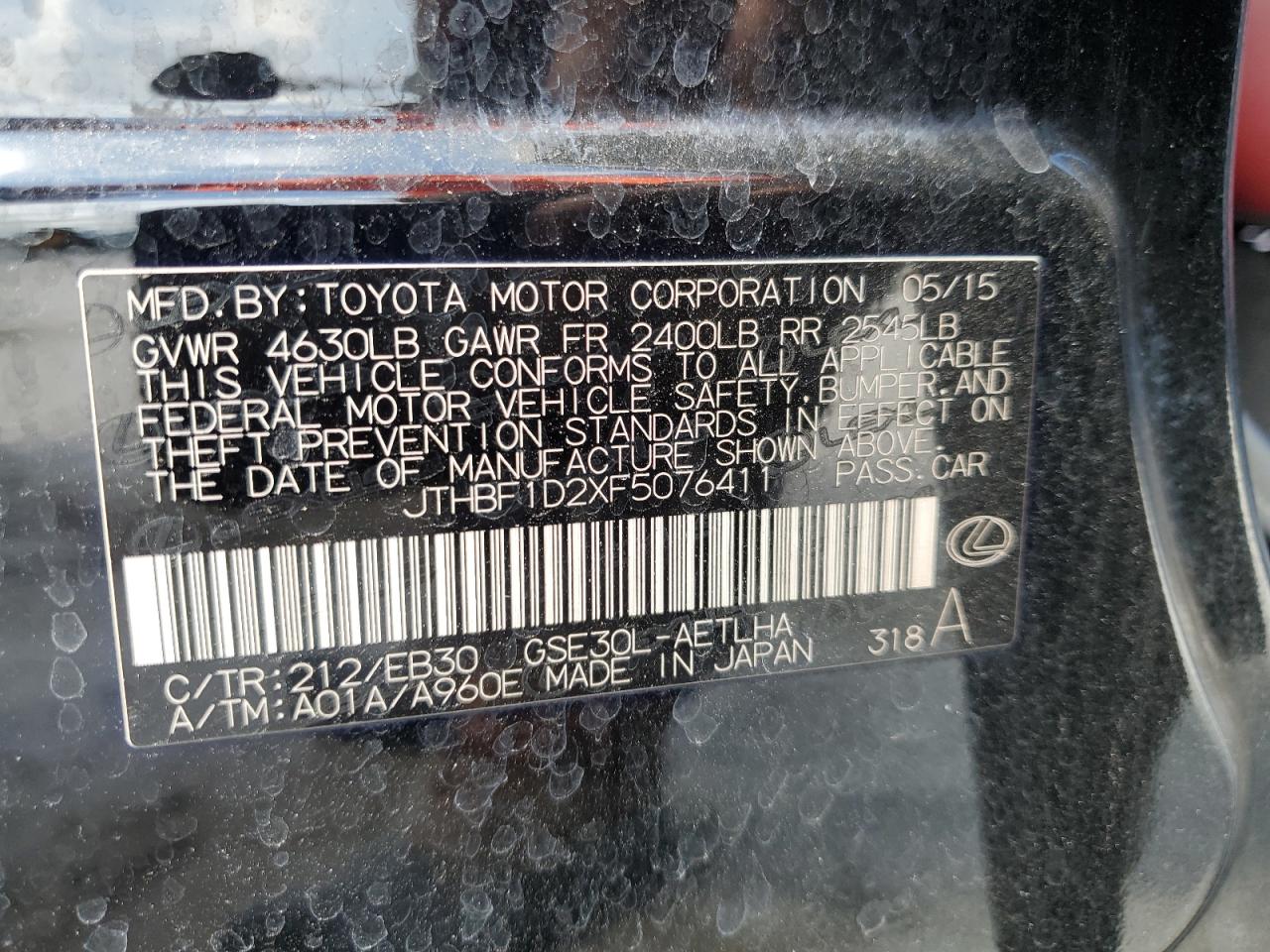 2015 Lexus Is 250 VIN: JTHBF1D2XF5076411 Lot: 65270694