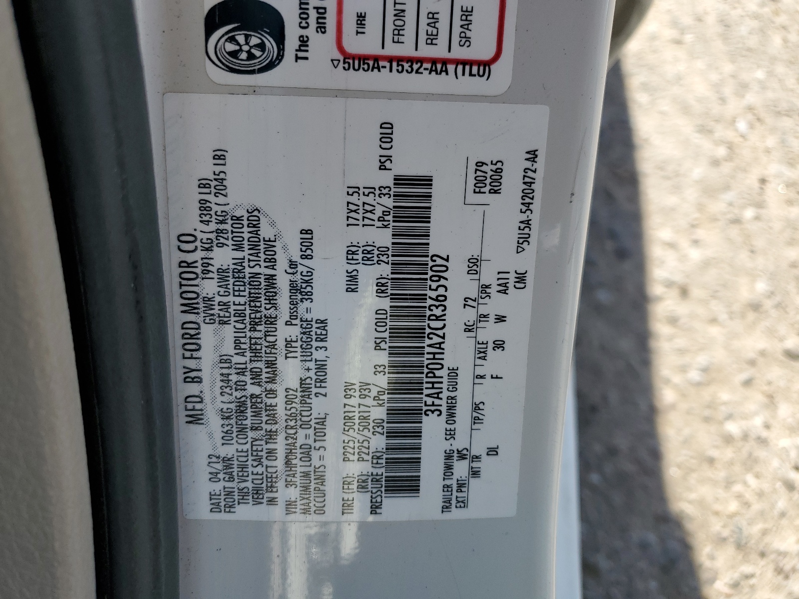 3FAHP0HA2CR365902 2012 Ford Fusion Se