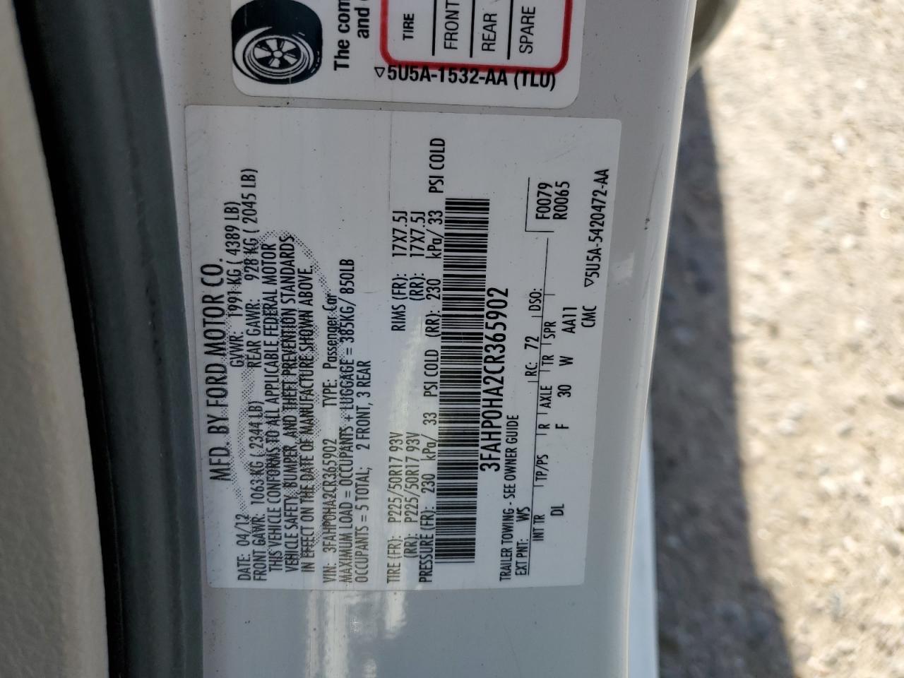 2012 Ford Fusion Se VIN: 3FAHP0HA2CR365902 Lot: 62383224