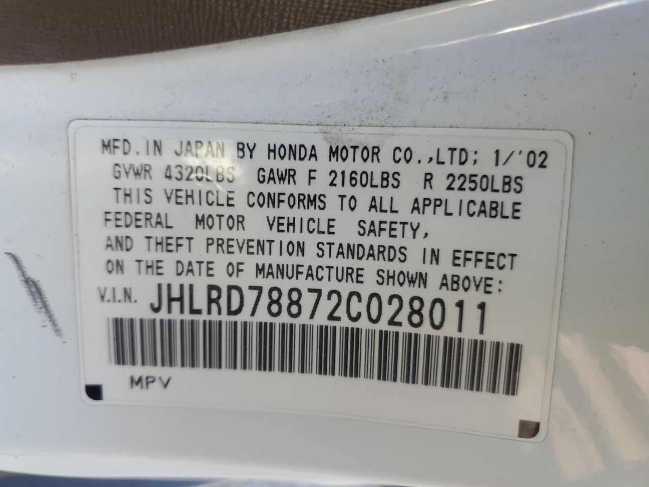 2002 Honda Cr-V Ex VIN: JHLRD78872C028011 Lot: 65502644