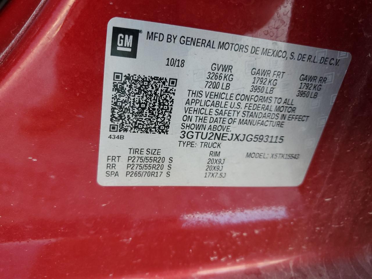 2018 GMC Sierra K1500 Slt VIN: 3GTU2NEJXJG593115 Lot: 64276804