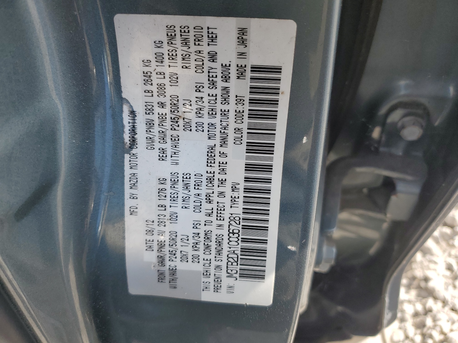 JM3TB2DA1C0367281 2012 Mazda Cx-9