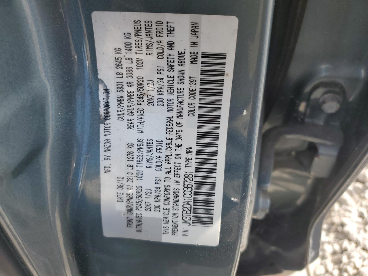 2012 Mazda Cx-9 VIN: JM3TB2DA1C0367281 Lot: 64839224