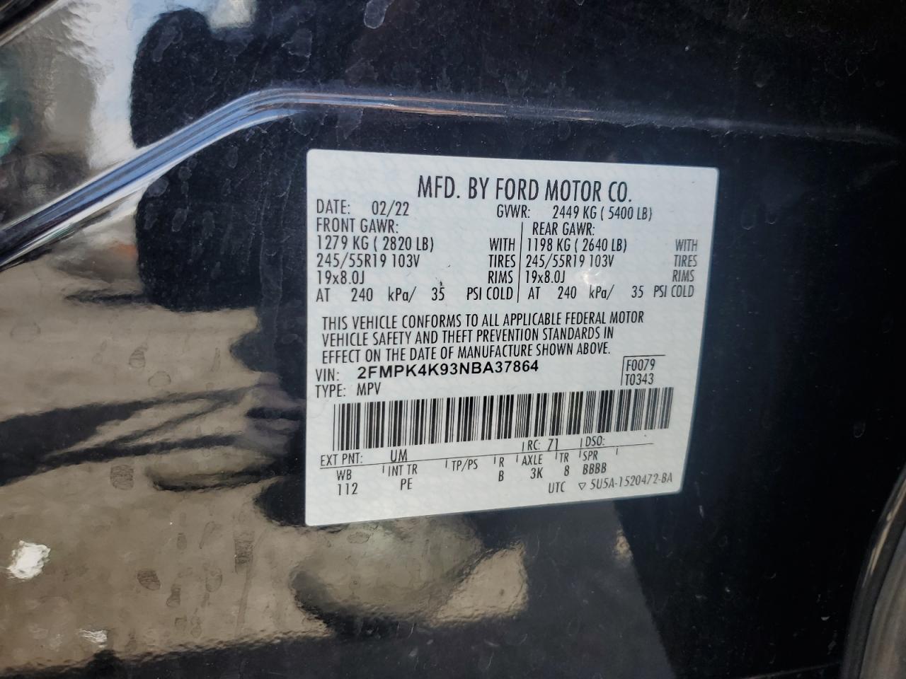 2022 Ford Edge Titanium VIN: 2FMPK4K93NBA37864 Lot: 64111264