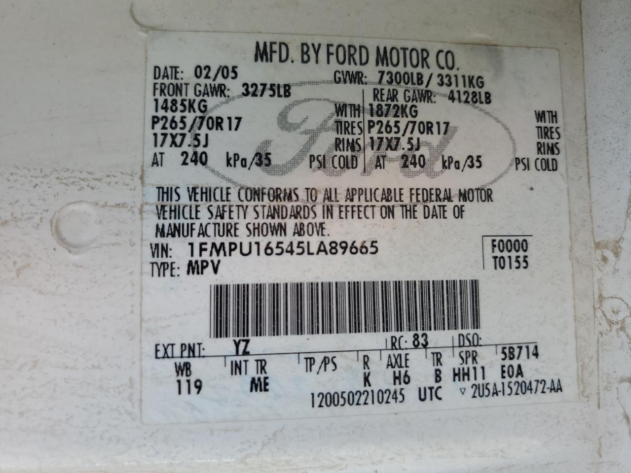 2005 Ford Expedition Xlt VIN: 1FMPU16545LA89665 Lot: 65351084