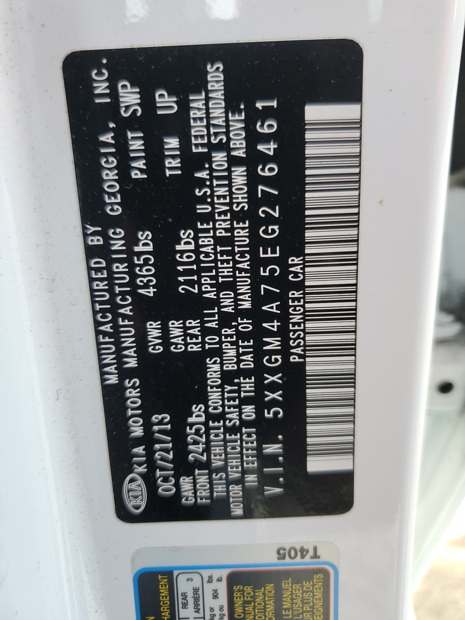 5XXGM4A75EG276461 2014 Kia Optima Lx