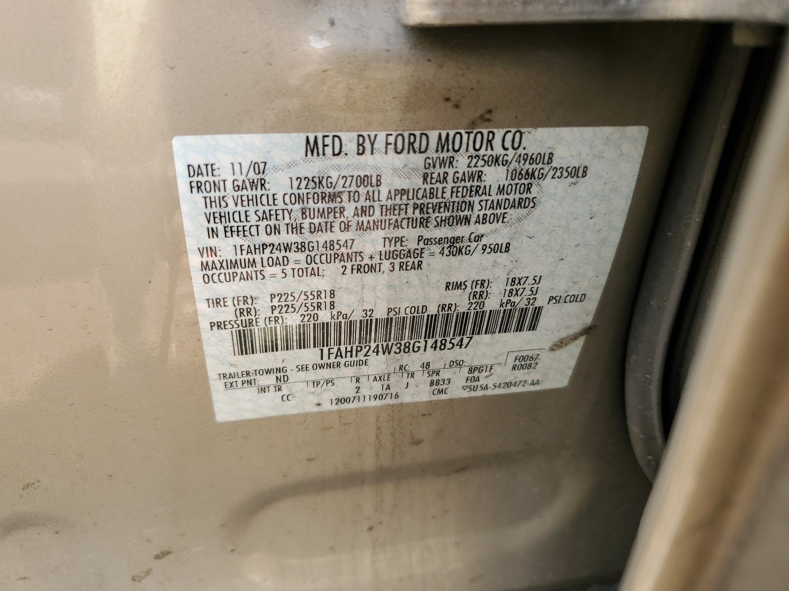 1FAHP24W38G148547 2008 Ford Taurus Sel