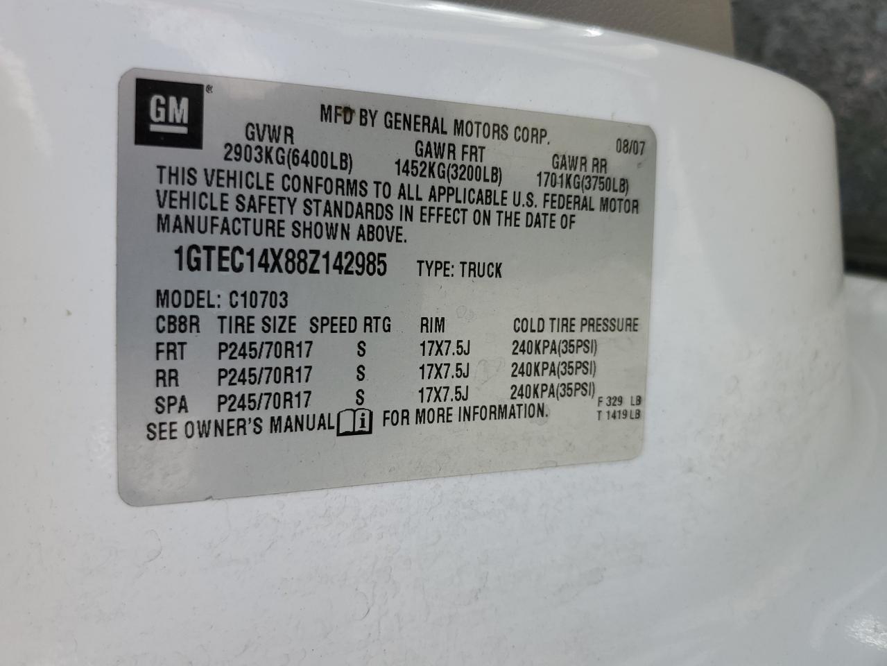 2008 GMC Sierra C1500 VIN: 1GTEC14X88Z142985 Lot: 63897044