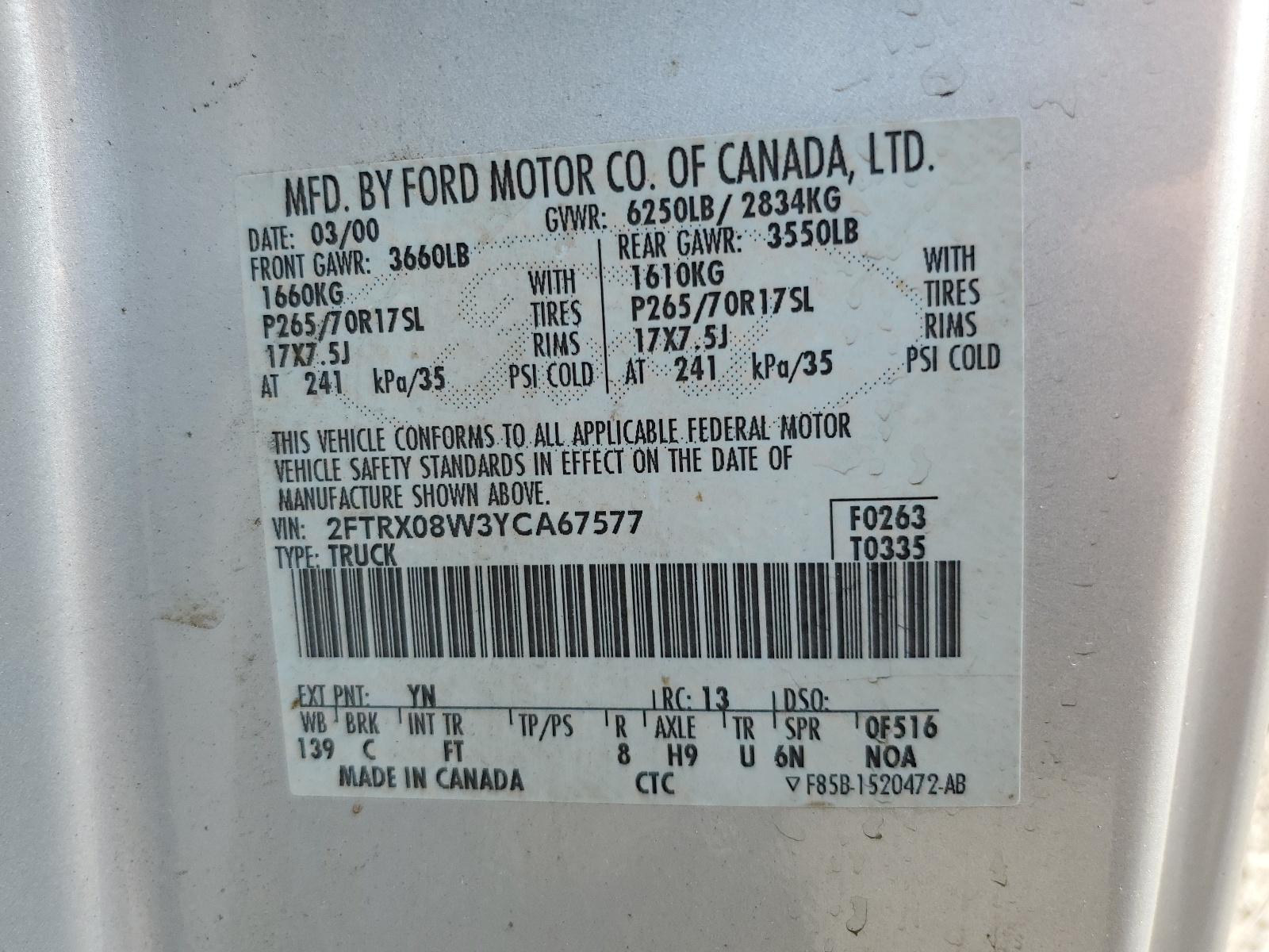 2FTRX08W3YCA67577 2000 Ford F150