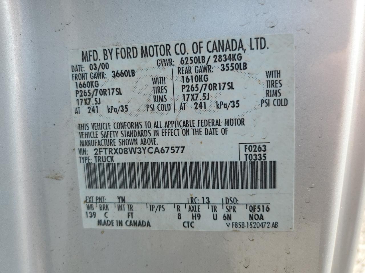 2000 Ford F150 VIN: 2FTRX08W3YCA67577 Lot: 63397464