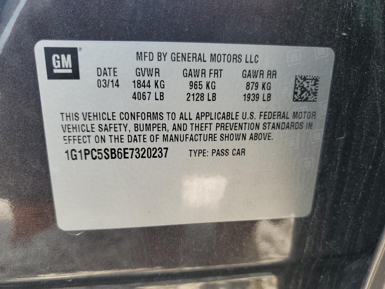 2014 Chevrolet Cruze Lt VIN: 1G1PC5SB6E7320237 Lot: 65197464