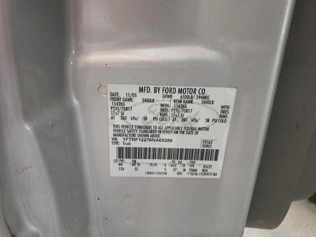 2006 Ford F150 VIN: 1FTRF12276NA65286 Lot: 62557554