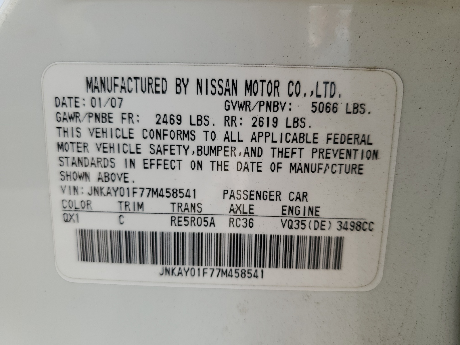 JNKAY01F77M458541 2007 Infiniti M35 Base