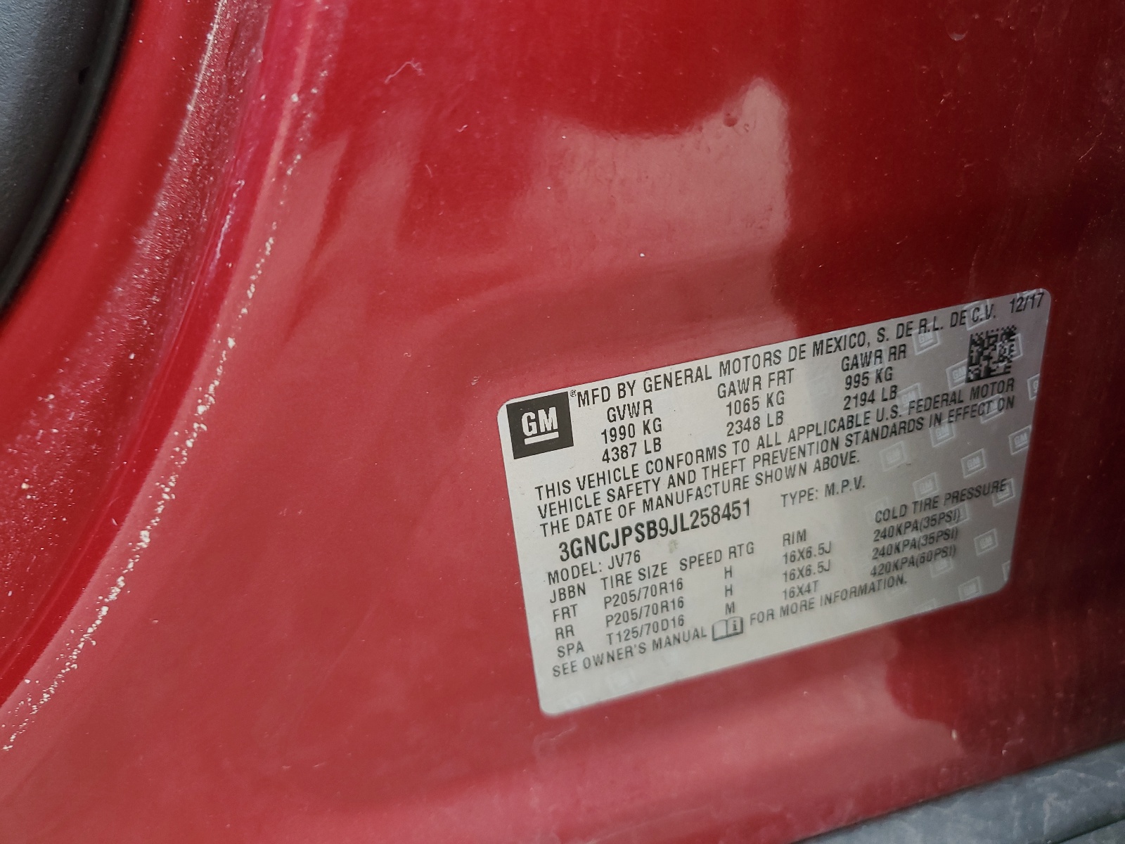 3GNCJPSB9JL258451 2018 Chevrolet Trax 1Lt