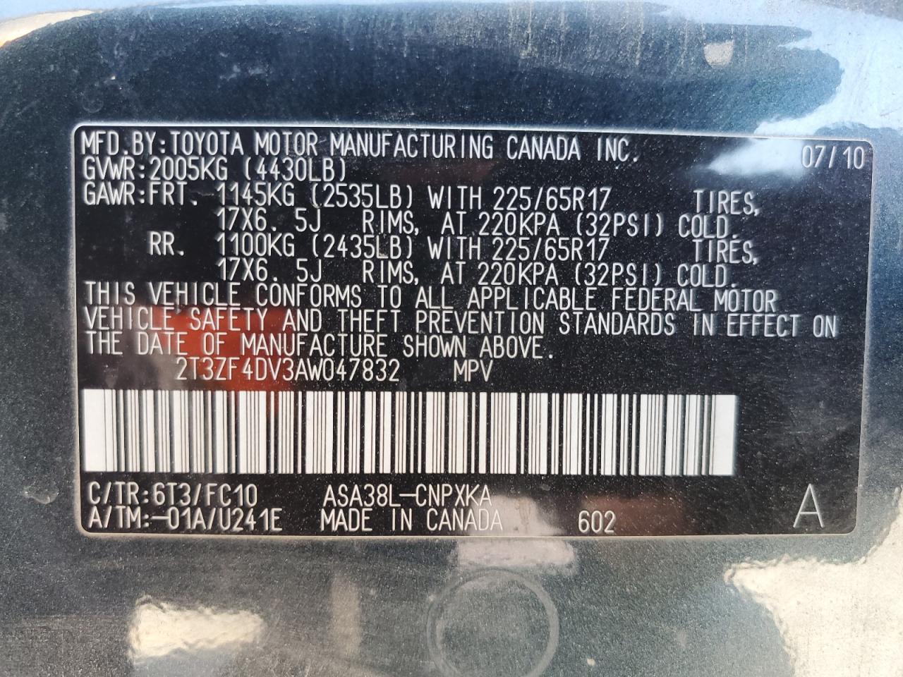 2010 Toyota Rav4 VIN: 2T3ZF4DV3AW047832 Lot: 62948664