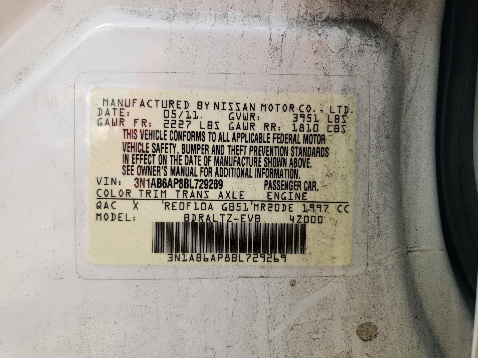 3N1AB6AP8BL729269 2011 Nissan Sentra 2.0