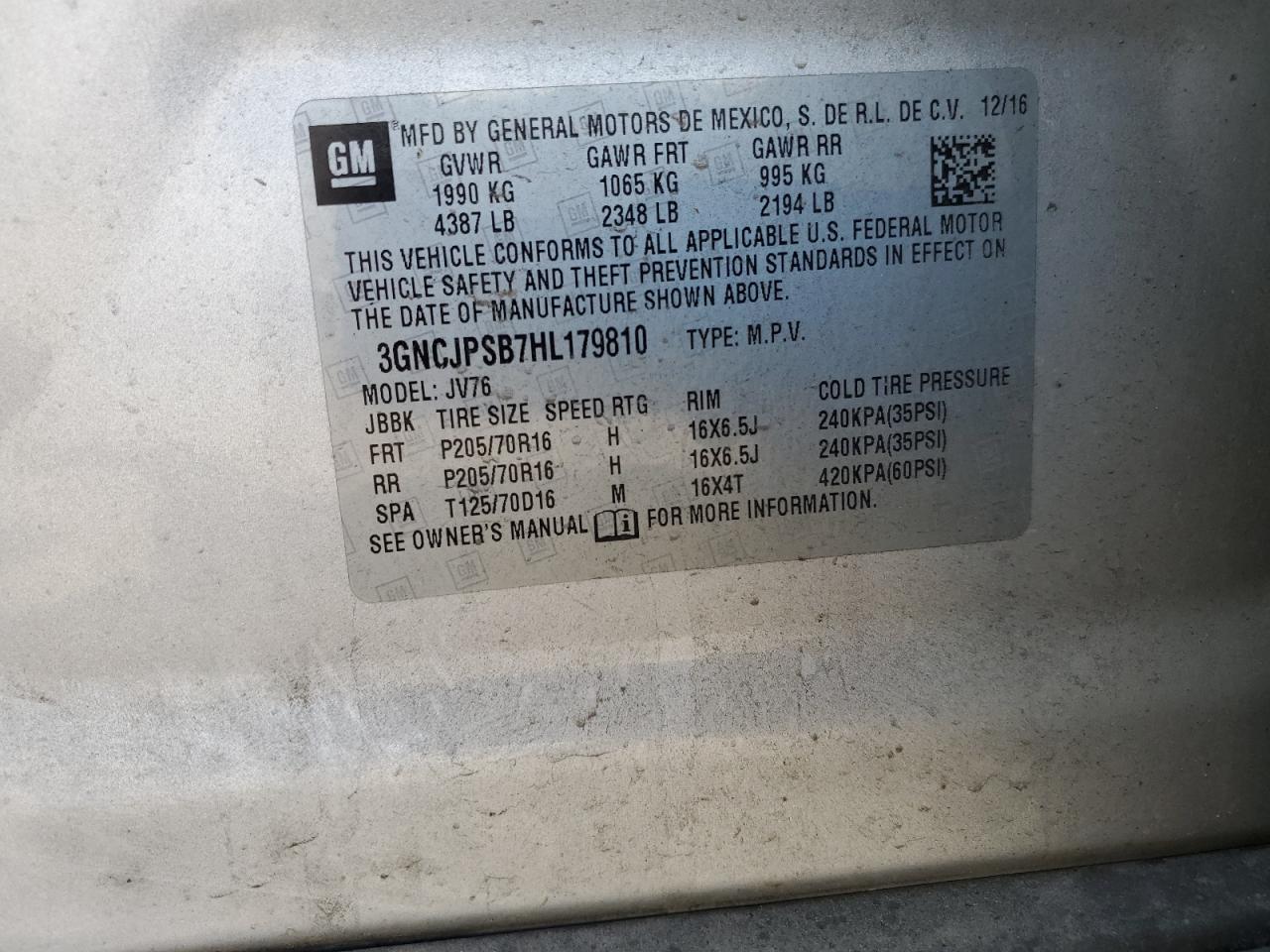 2017 Chevrolet Trax 1Lt VIN: 3GNCJPSB7HL179810 Lot: 62235554