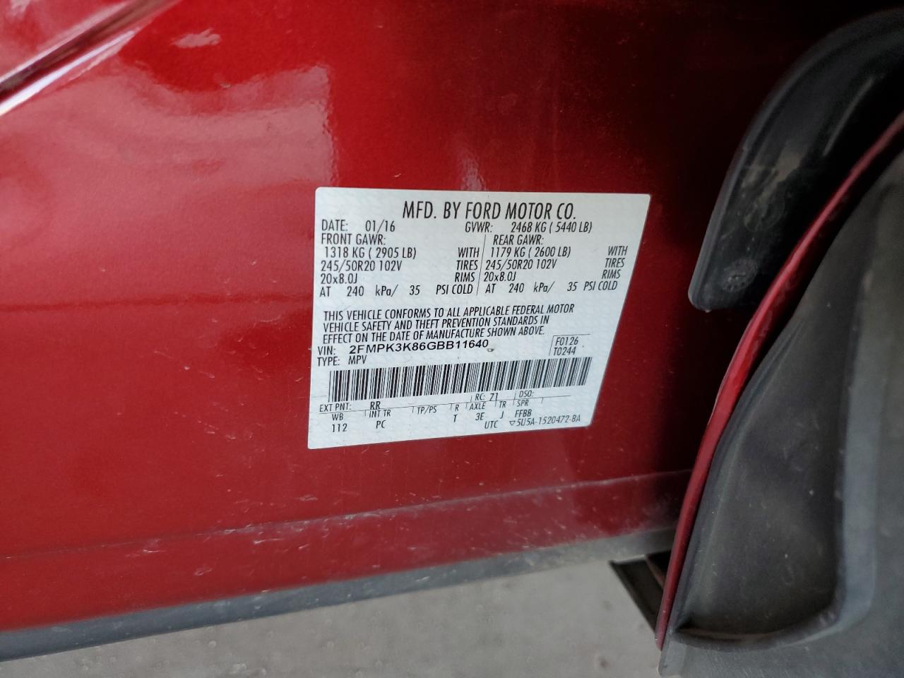 2016 Ford Edge Titanium VIN: 2FMPK3K86GBB11640 Lot: 64188304