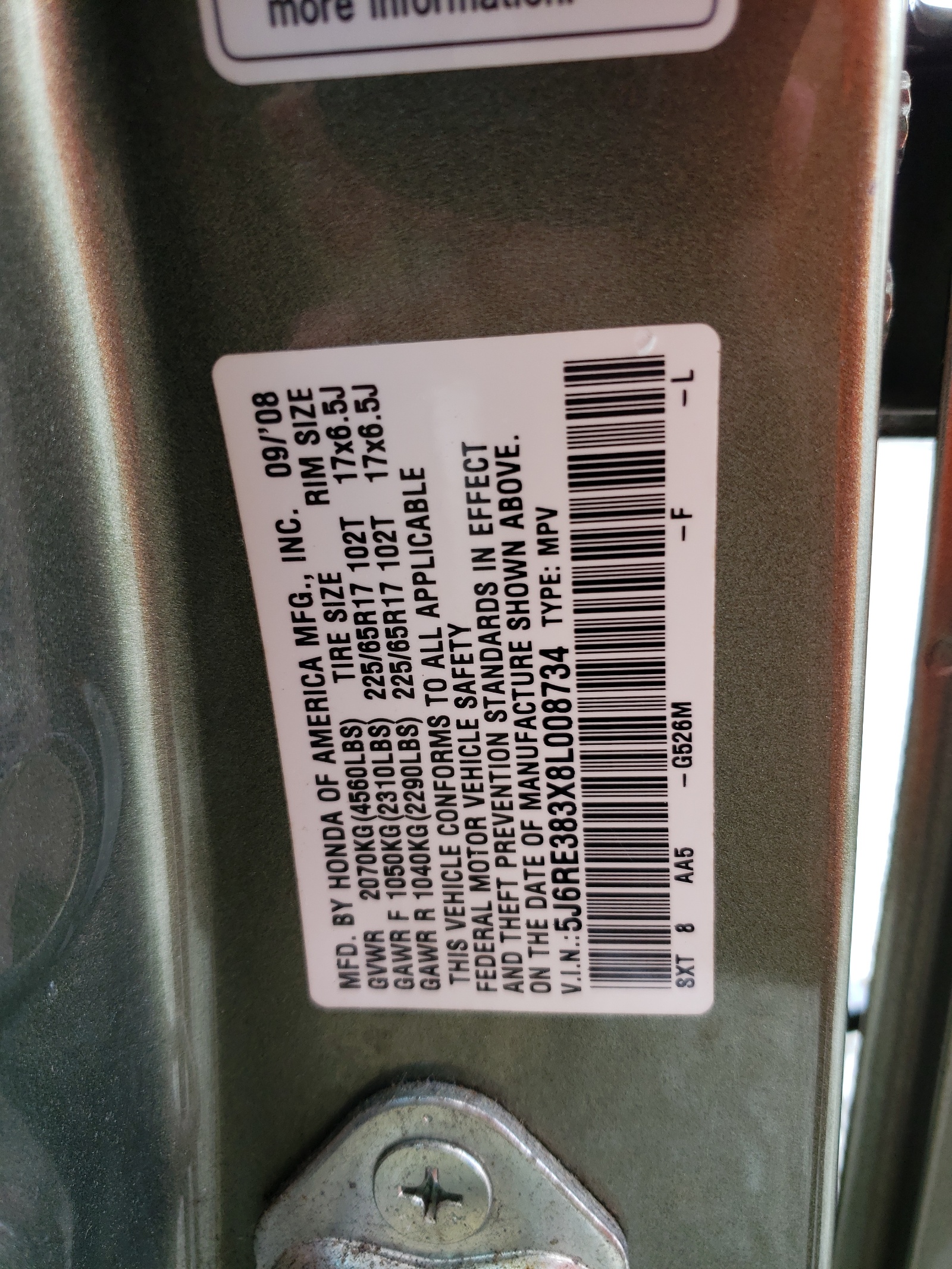 5J6RE383X8L008734 2008 Honda Cr-V Lx