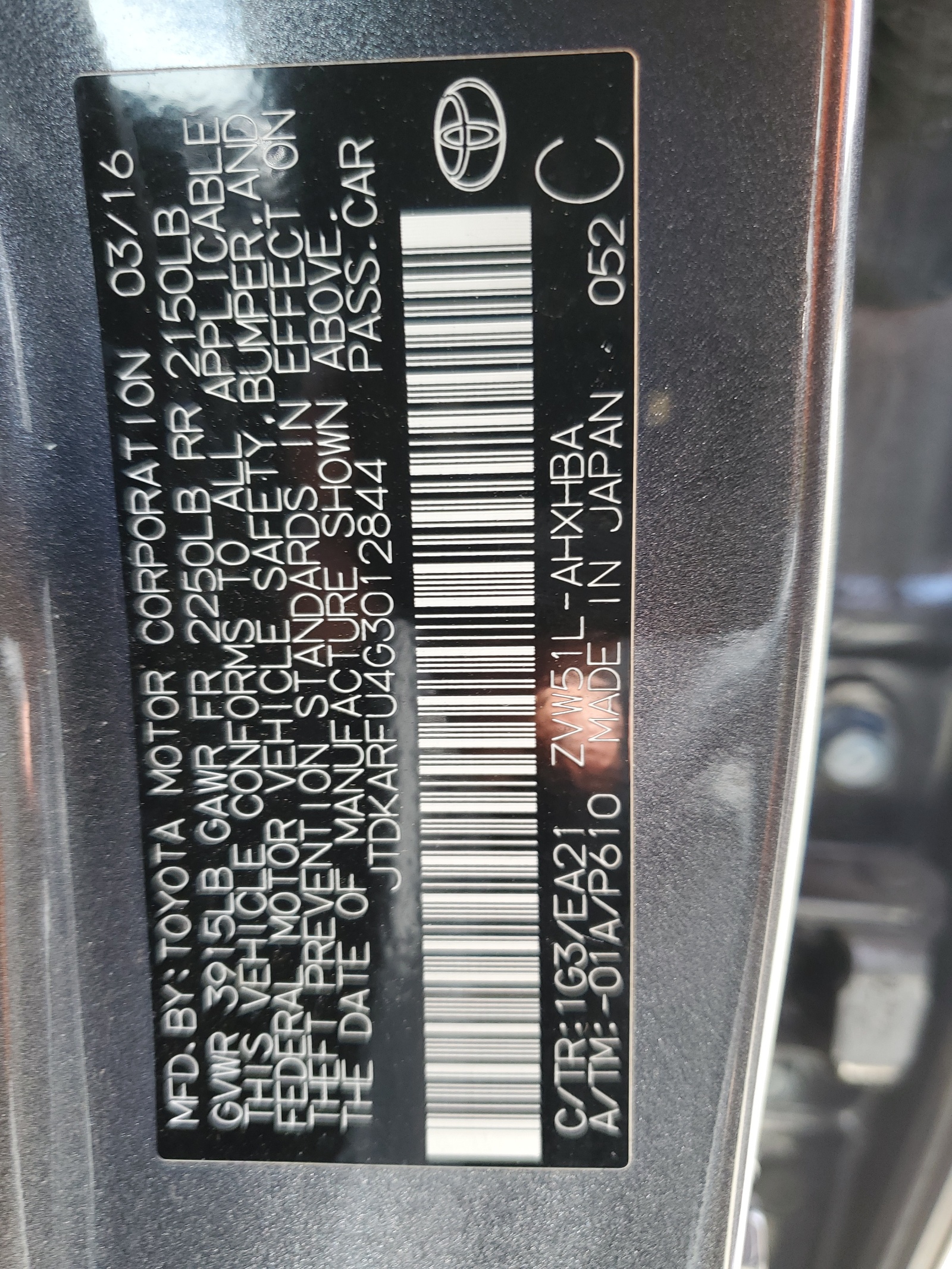 JTDKARFU4G3012844 2016 Toyota Prius