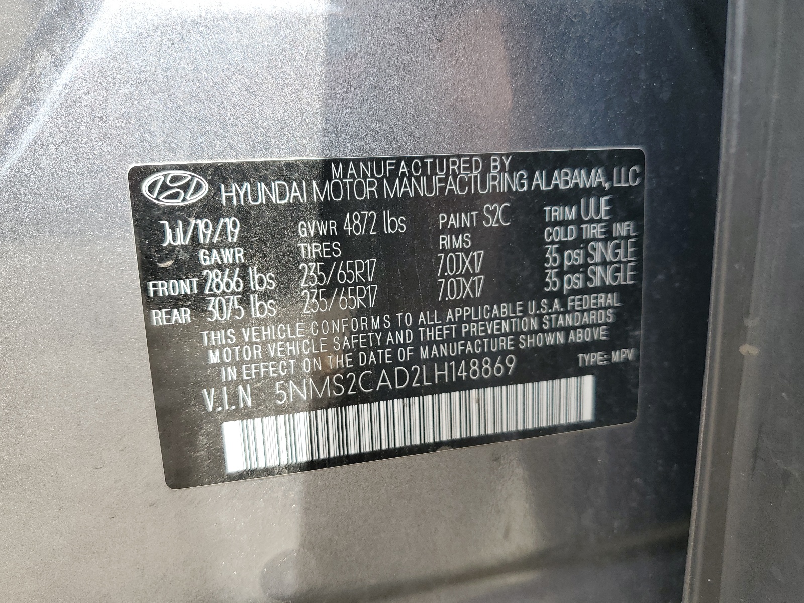 5NMS2CAD2LH148869 2020 Hyundai Santa Fe Se