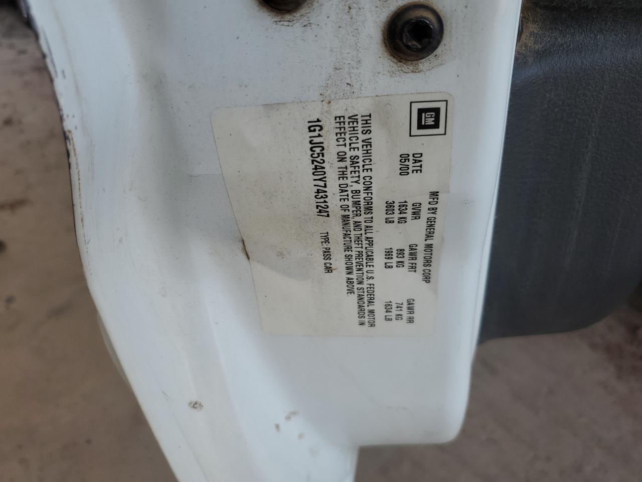 2000 Chevrolet Cavalier VIN: 1G1JC5240Y7431247 Lot: 62694624