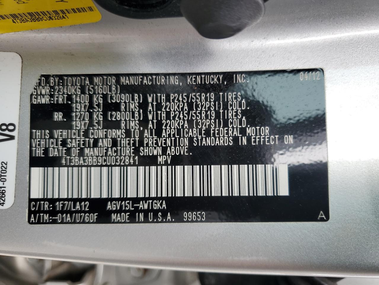 2012 Toyota Venza Le VIN: 4T3BA3BB9CU032841 Lot: 63270934