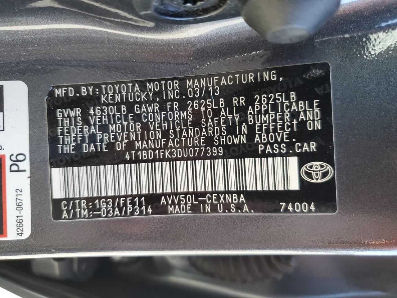 2013 Toyota Camry Hybrid VIN: 4T1BD1FK3DU077399 Lot: 65003314