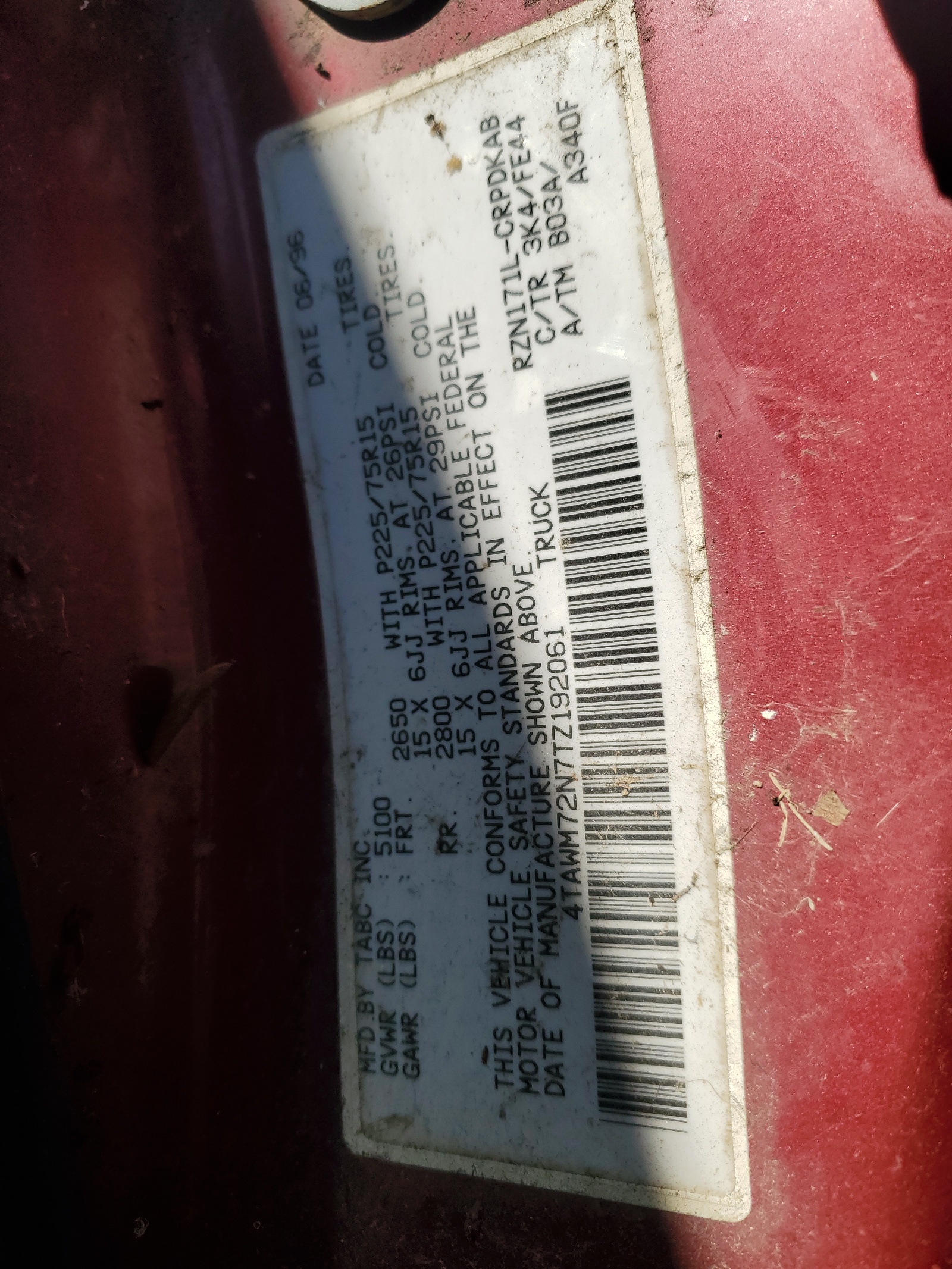 4TAWM72N7TZ192061 1996 Toyota Tacoma Xtracab