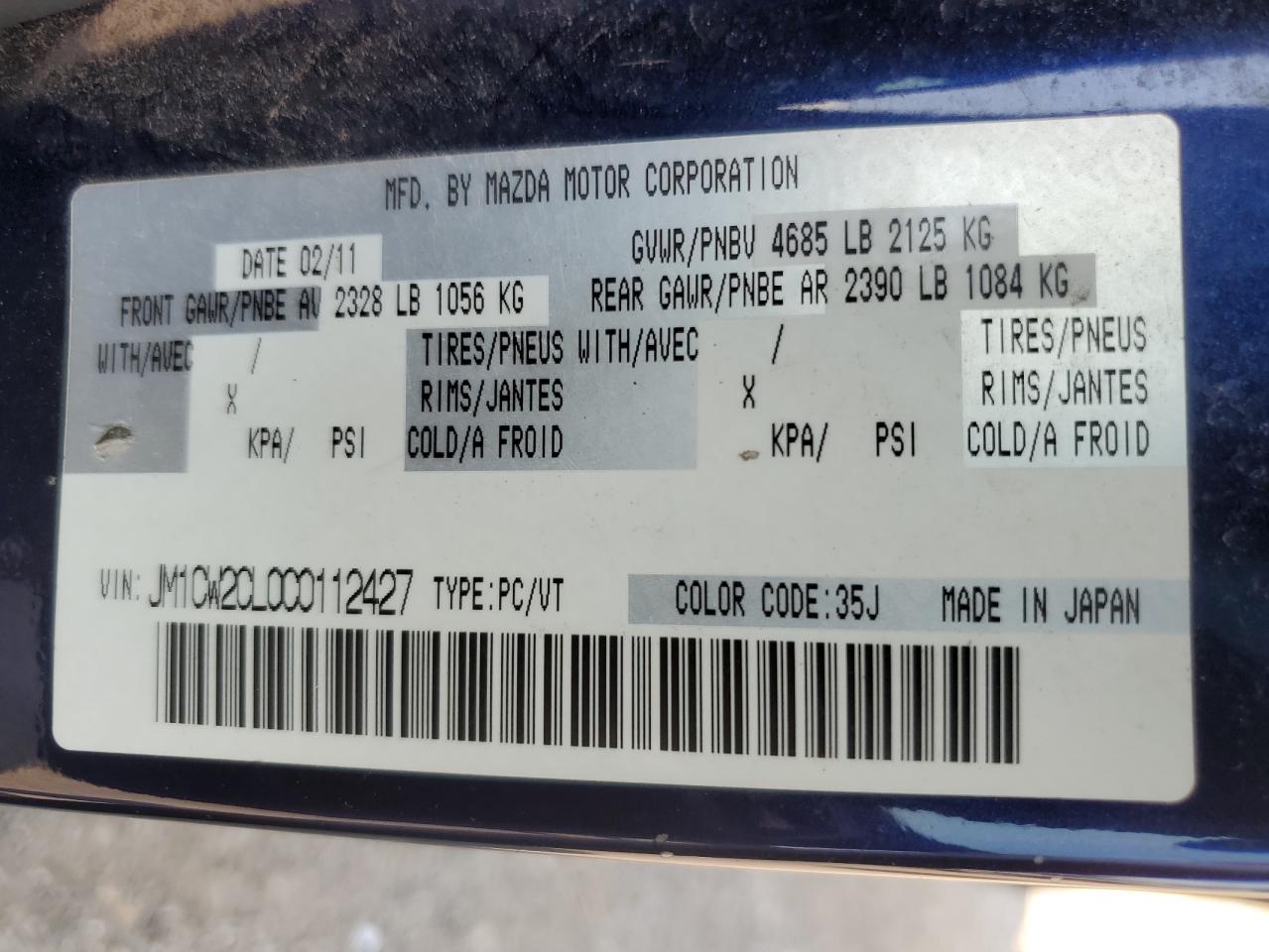 2012 Mazda 5 VIN: JM1CW2CL0C0112427 Lot: 64444954