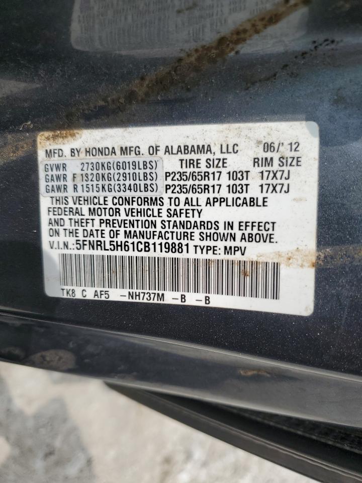 2012 Honda Odyssey Exl VIN: 5FNRL5H61CB119881 Lot: 62850554