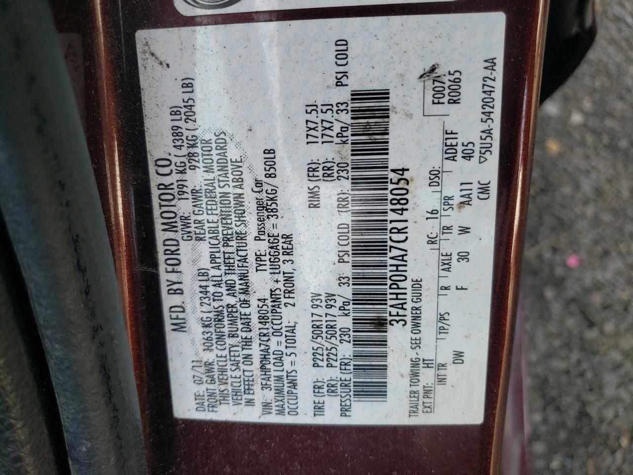 2012 Ford Fusion Se VIN: 3FAHP0HA7CR148054 Lot: 62909544