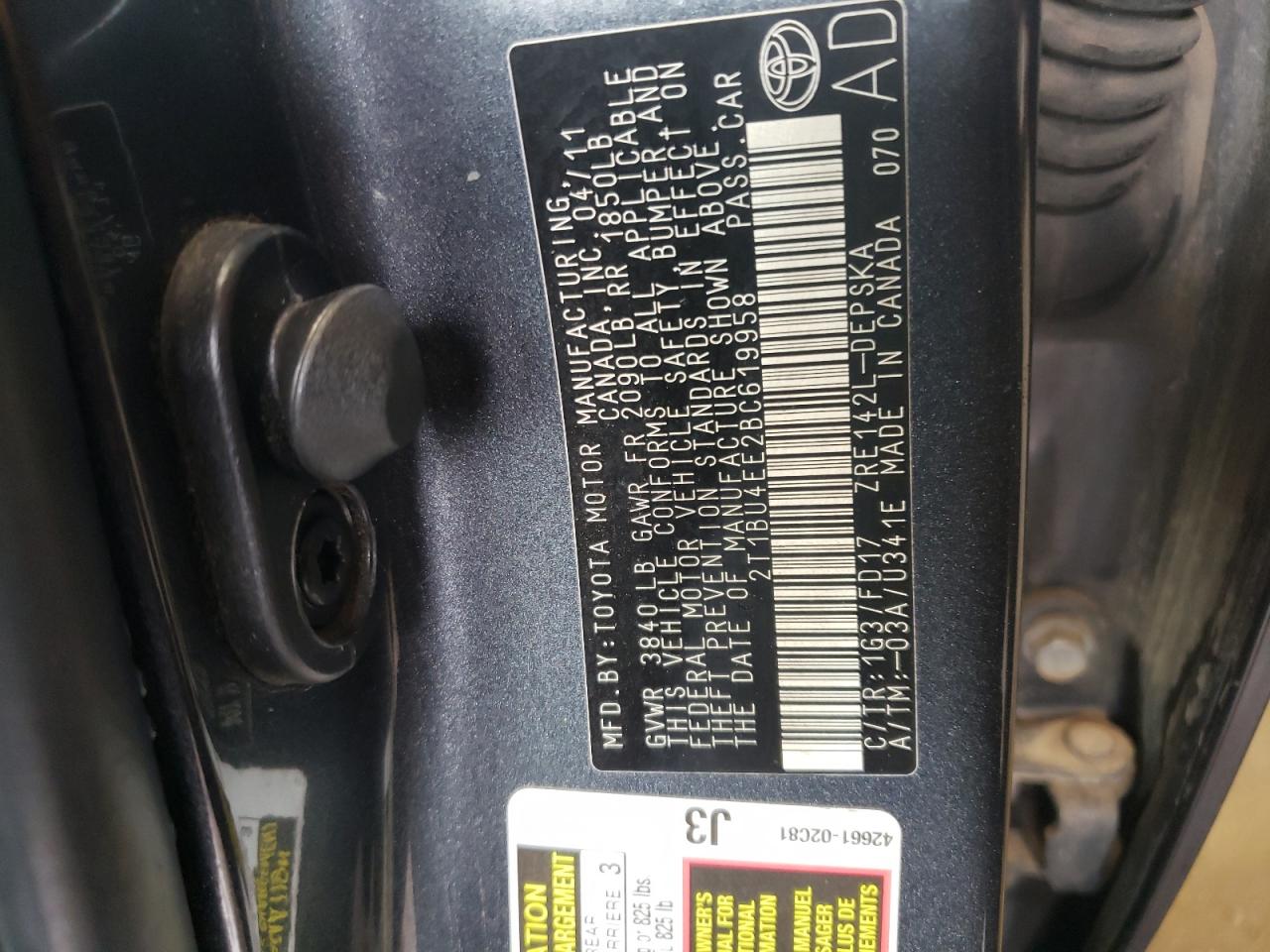 2T1BU4EE2BC619958 2011 Toyota Corolla Base