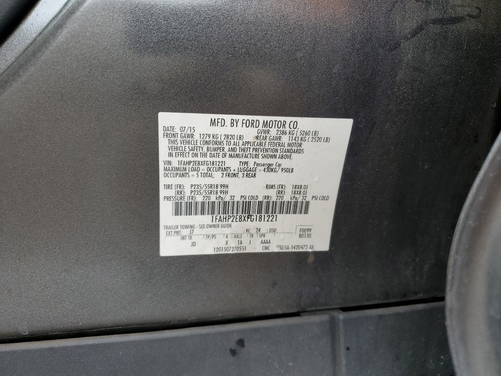 1FAHP2E8XFG181221 2015 Ford Taurus Sel