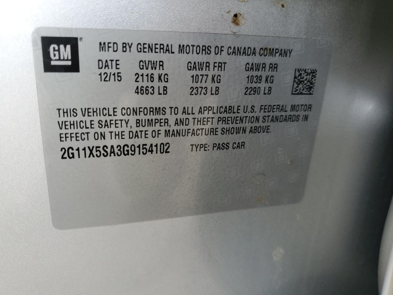 2G11X5SA3G9154102 2016 Chevrolet Impala Ls